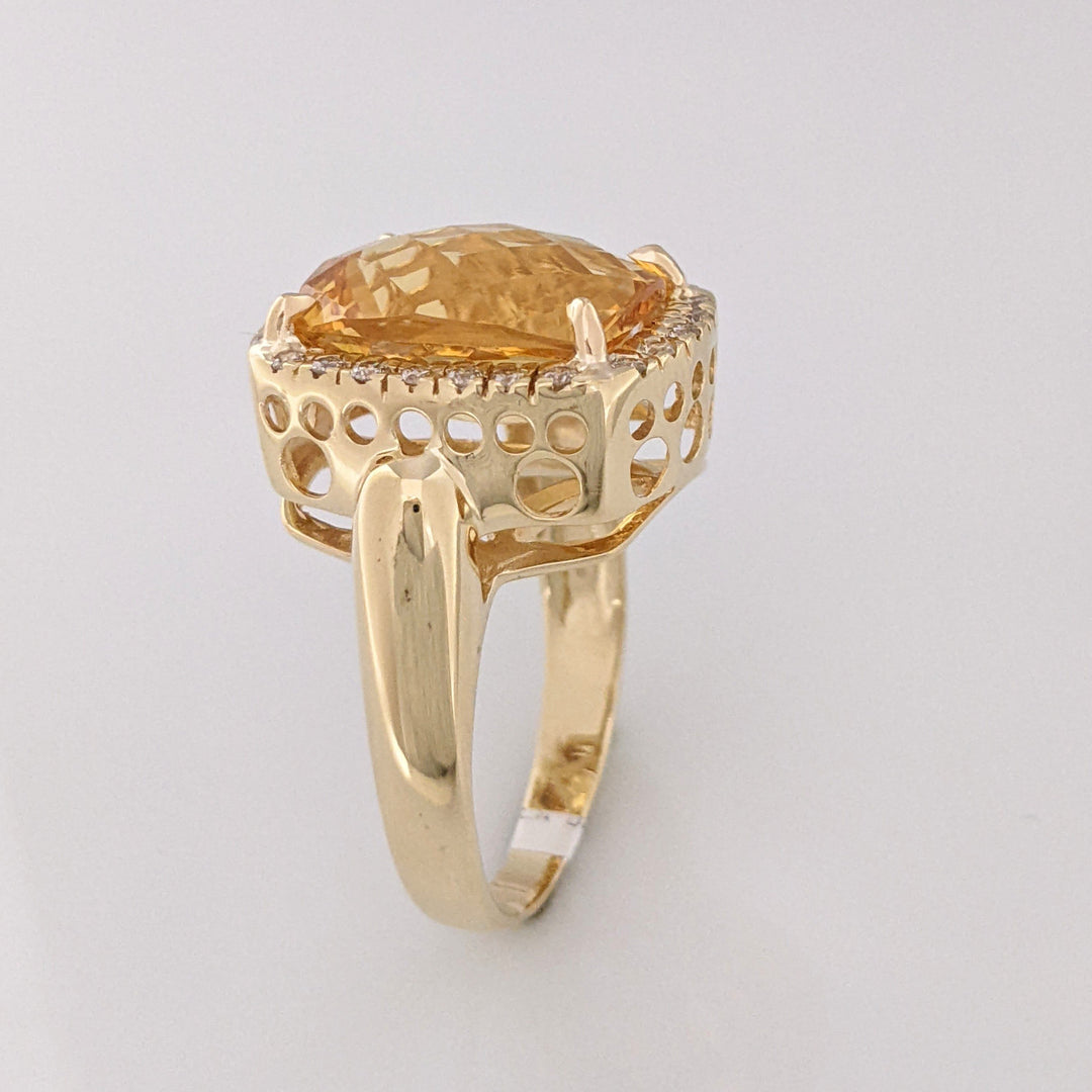 14K CITRINE CUSHION 12X15 WITH (24) DIAMONDS ESTATE RING 9.7 GRAMS