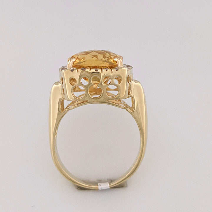 14K CITRINE CUSHION 12X15 WITH (24) DIAMONDS ESTATE RING 9.7 GRAMS