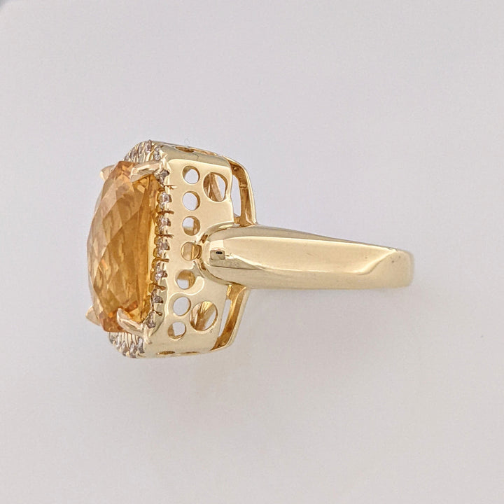 14K CITRINE CUSHION 12X15 WITH (24) DIAMONDS ESTATE RING 9.7 GRAMS