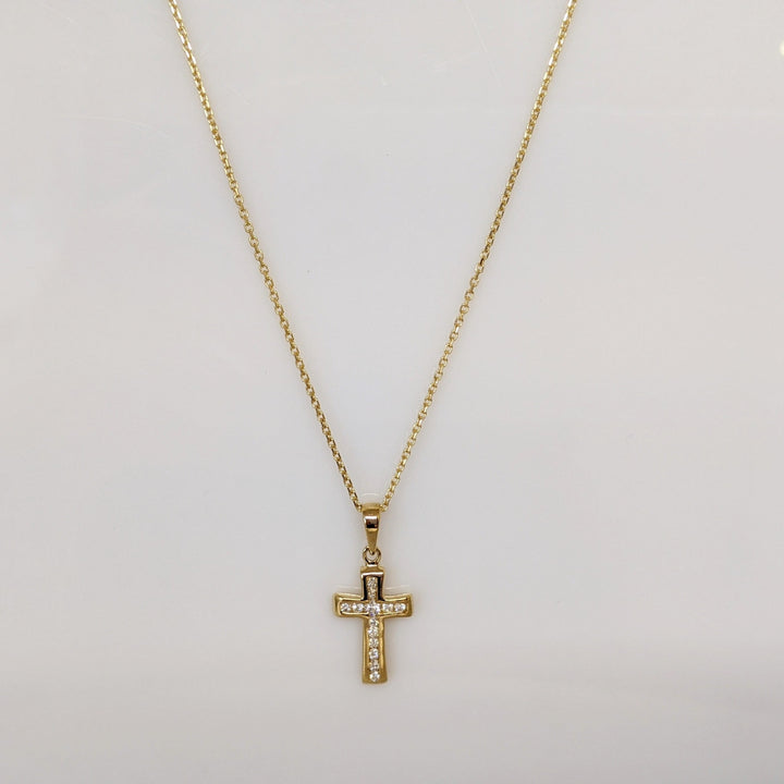 14K .15CTW DIAMOND ROUND (13) ESTATE CHANNEL CROSS PENDANT & CHAIN 2.2 GRAMS