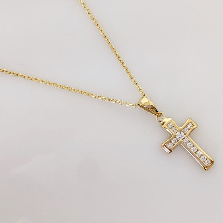 14K .15CTW DIAMOND ROUND (13) ESTATE CHANNEL CROSS PENDANT & CHAIN 2.2 GRAMS