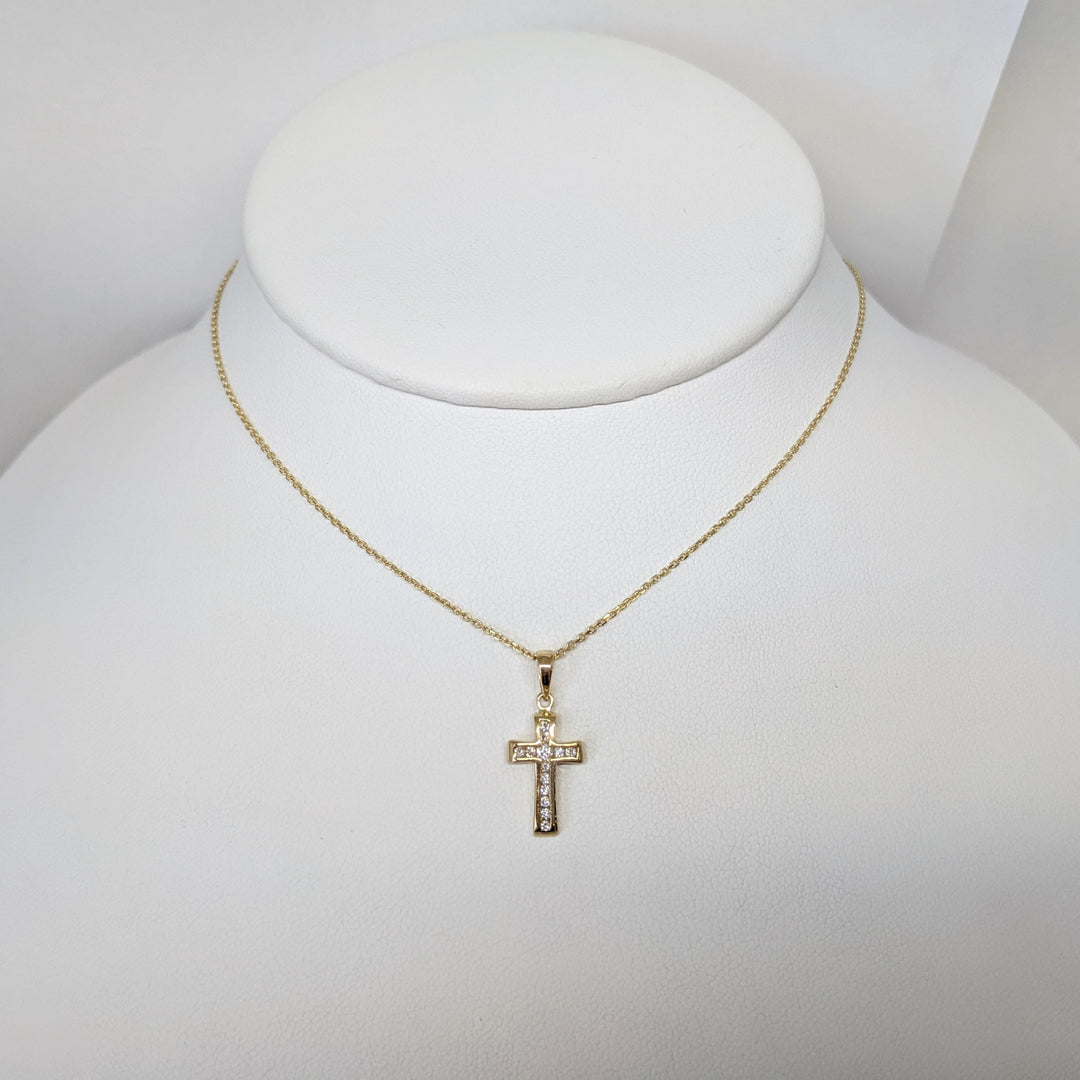 14K .15CTW DIAMOND ROUND (13) ESTATE CHANNEL CROSS PENDANT & CHAIN 2.2 GRAMS