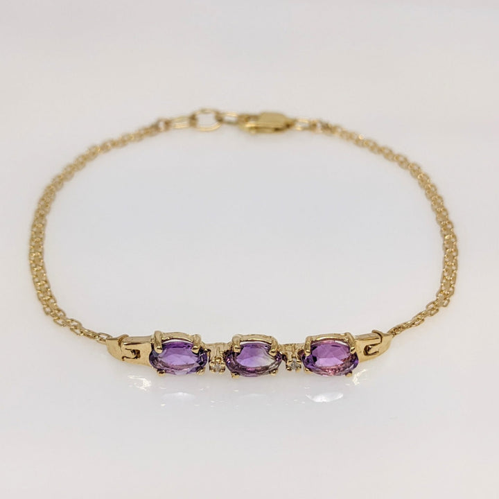 14K AMETHYST OVAL (3) 5X7 WITH (2) MELEE ESTATE BRACELET 3.8 GRAMS