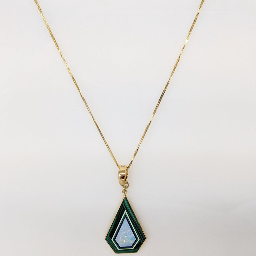 14K MALACHITE/ LAPIS/ OPAL PENTAGON ESTATE PENDANT & CHAIN 7.5 GRAMS