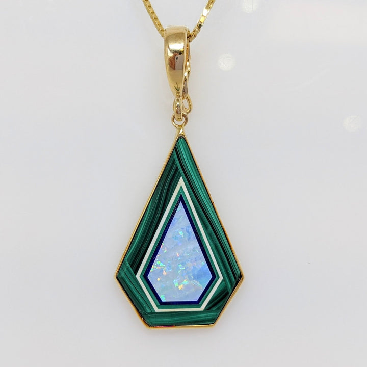 14K MALACHITE/ LAPIS/ OPAL PENTAGON ESTATE PENDANT & CHAIN 7.5 GRAMS