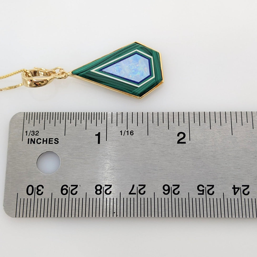 14K MALACHITE/ LAPIS/ OPAL PENTAGON ESTATE PENDANT & CHAIN 7.5 GRAMS