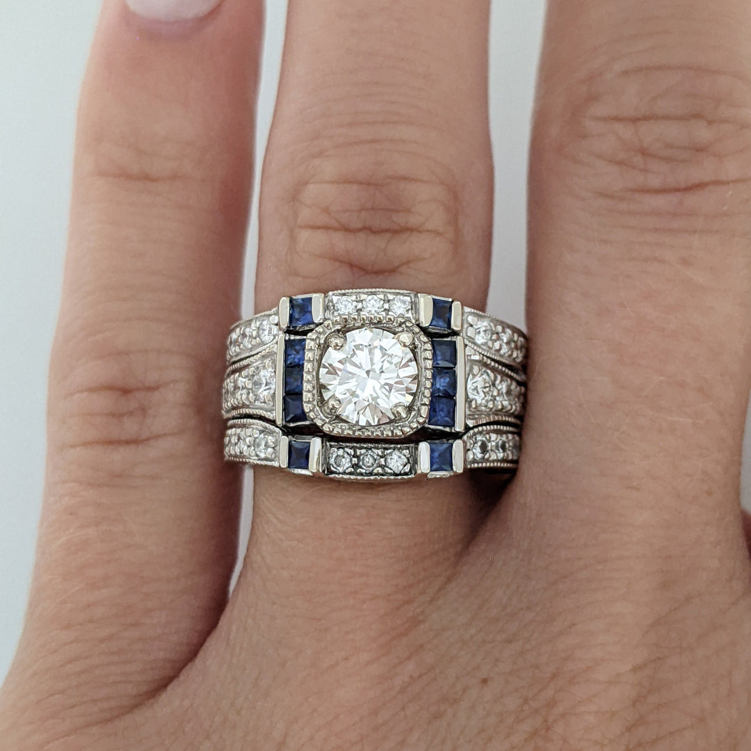 14K WHITE 1.25CTW VVS2 H DIAMOND ROUND (20) SAPPHIRE (8) .33CTW 2-BAND ESTATE SET 10.0 GRAMS