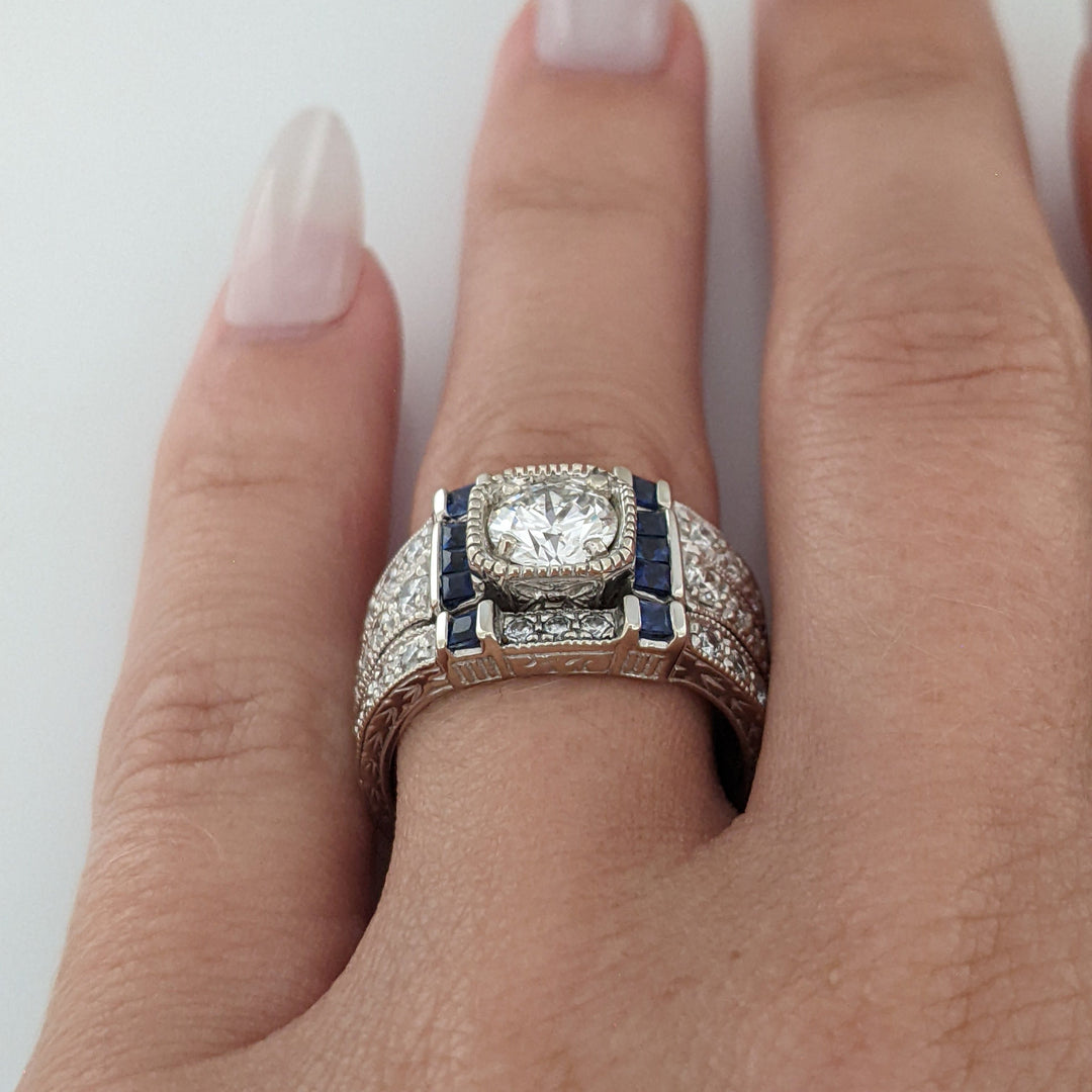 14K WHITE 1.25CTW VVS2 H DIAMOND ROUND (20) SAPPHIRE (8) .33CTW 2-BAND ESTATE SET 10.0 GRAMS