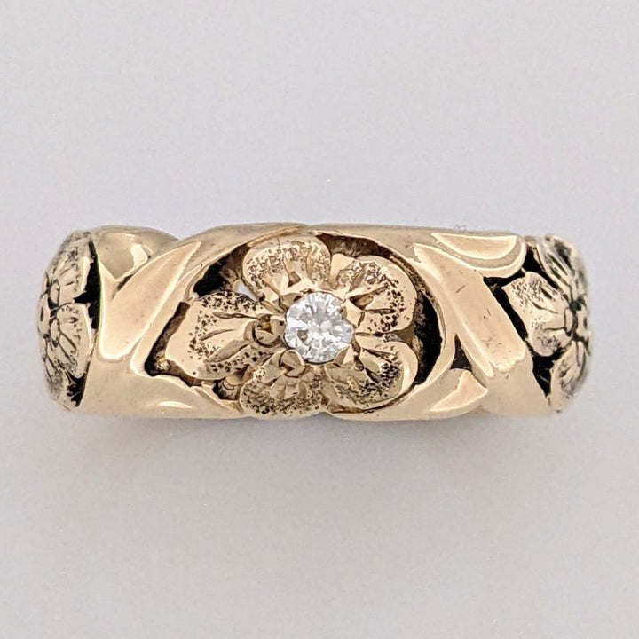 14K .06CT SI2 I DIAMOND ROUND FLORAL 6.7MM ESTATE BAND 6.3 GRAMS