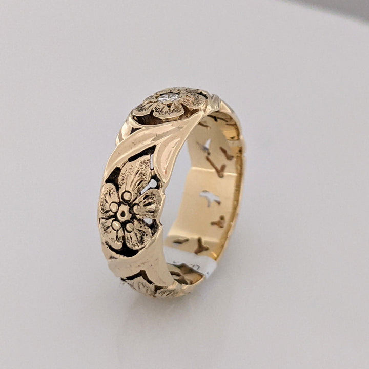 14K .06CT SI2 I DIAMOND ROUND FLORAL 6.7MM ESTATE BAND 6.3 GRAMS