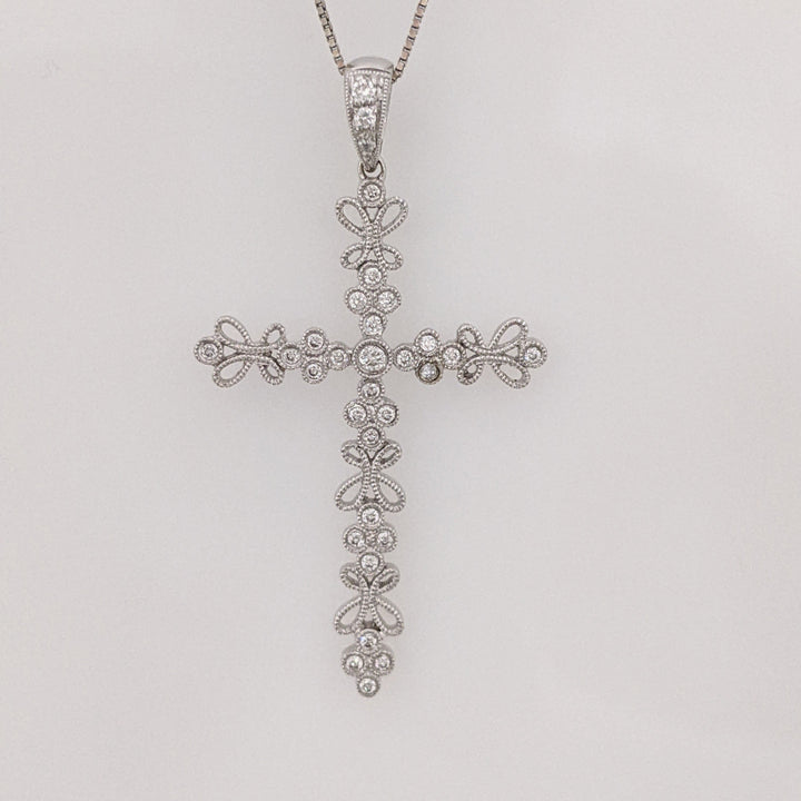 14K WHITE .18 CARAT TOTAL WEIGHT DIAMOND ROUND (3) FANCY ESTATE CROSS PENDANT & CHAIN 3.1 GRAMS