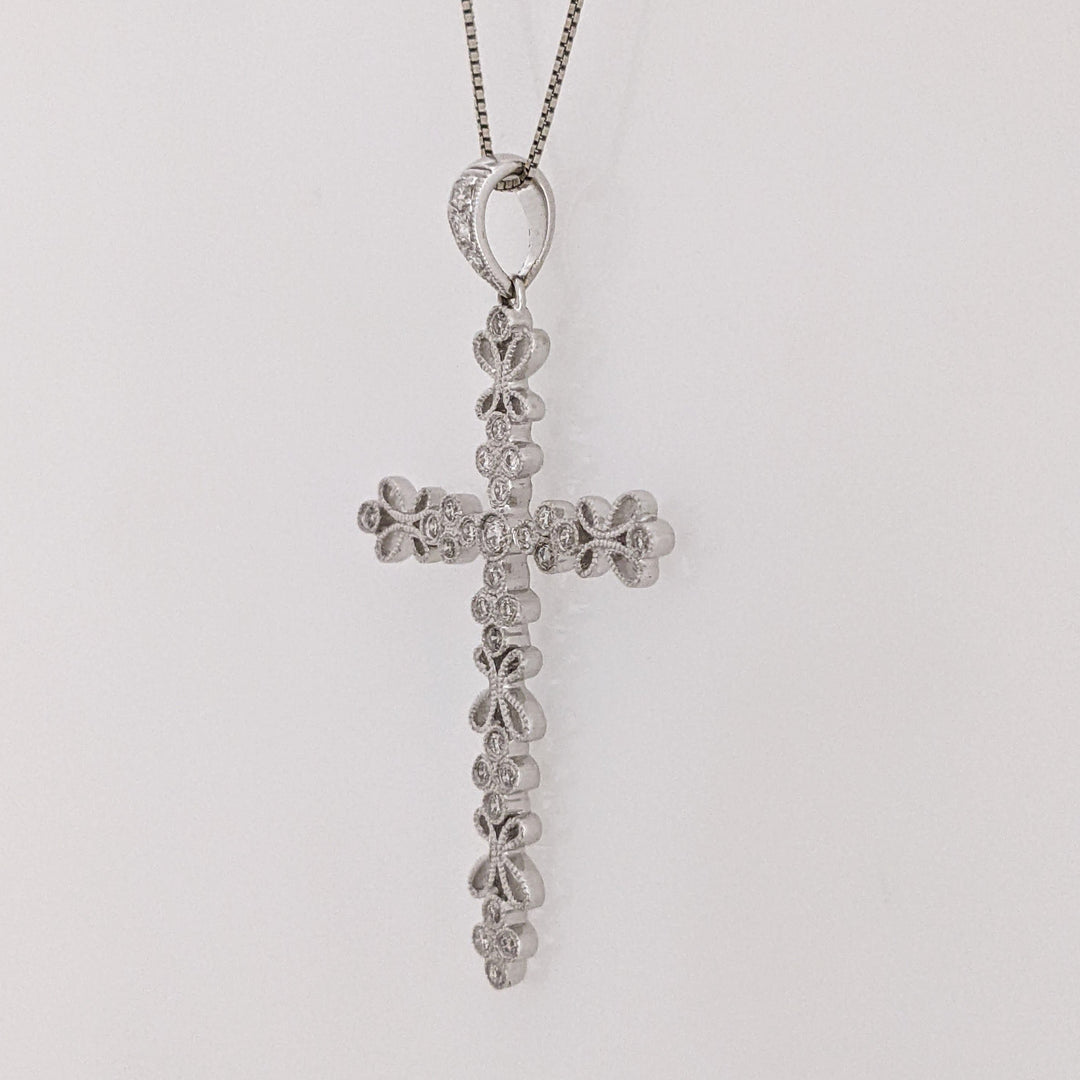 14K WHITE .18 CARAT TOTAL WEIGHT DIAMOND ROUND (3) FANCY ESTATE CROSS PENDANT & CHAIN 3.1 GRAMS