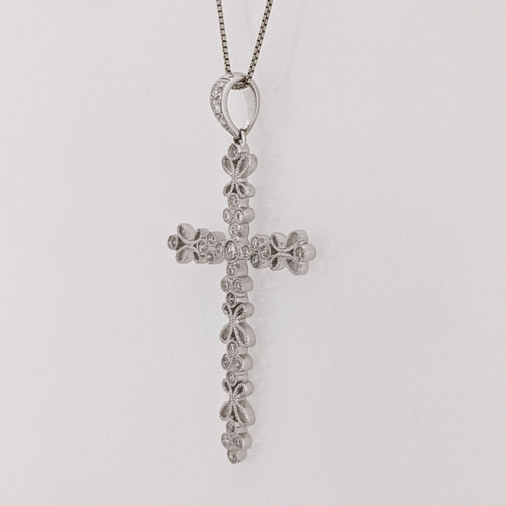 14K WHITE .18 CARAT TOTAL WEIGHT DIAMOND ROUND (3) FANCY ESTATE CROSS PENDANT & CHAIN 3.1 GRAMS