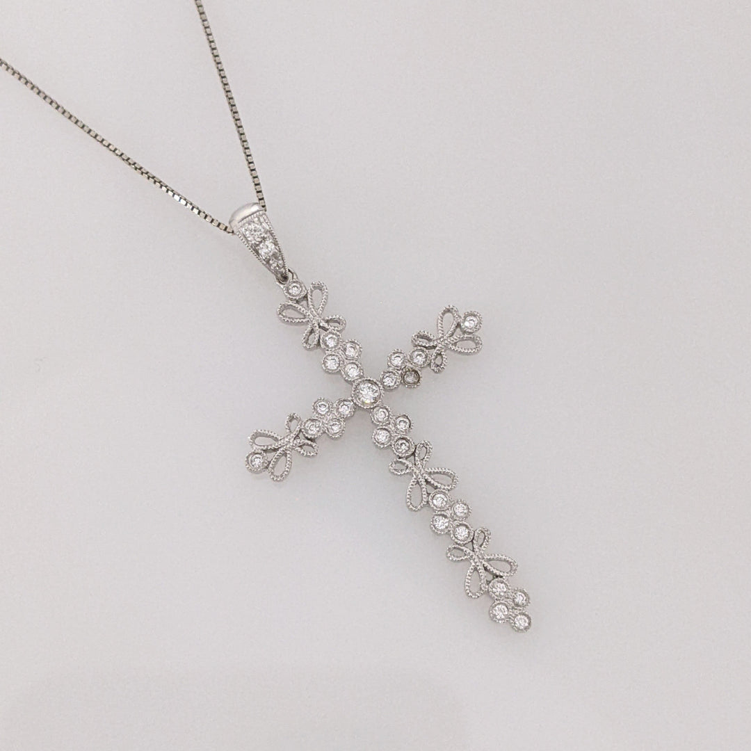 14K WHITE .18 CARAT TOTAL WEIGHT DIAMOND ROUND (3) FANCY ESTATE CROSS PENDANT & CHAIN 3.1 GRAMS