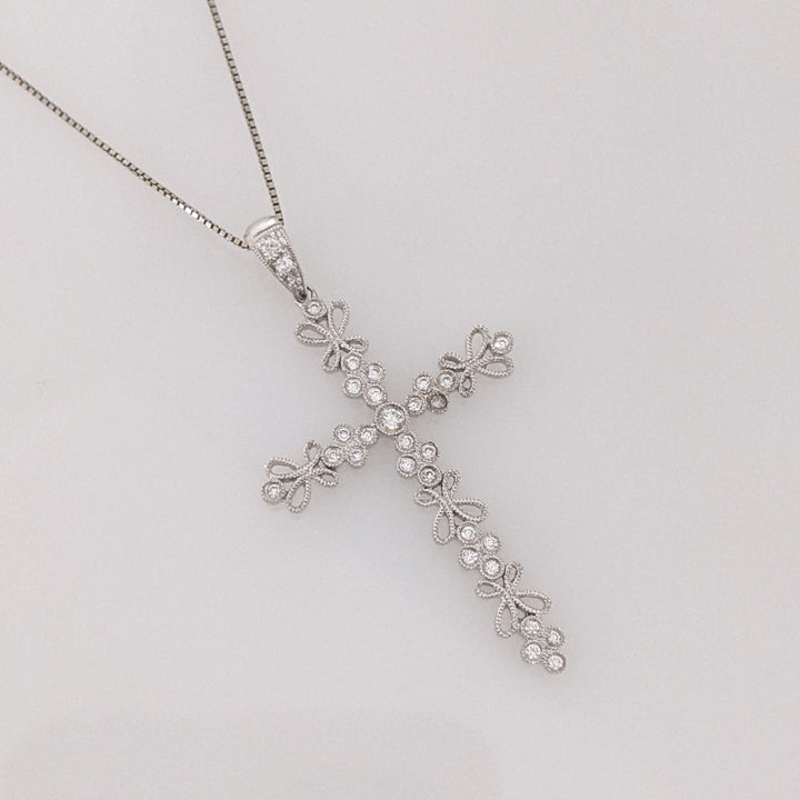 14K WHITE .18 CARAT TOTAL WEIGHT DIAMOND ROUND (3) FANCY ESTATE CROSS PENDANT & CHAIN 3.1 GRAMS