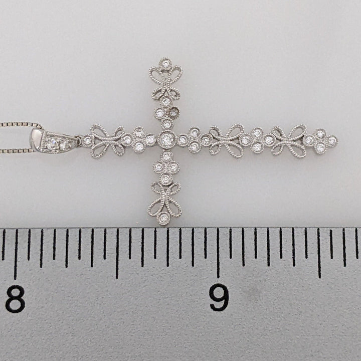 14K WHITE .18 CARAT TOTAL WEIGHT DIAMOND ROUND (3) FANCY ESTATE CROSS PENDANT & CHAIN 3.1 GRAMS