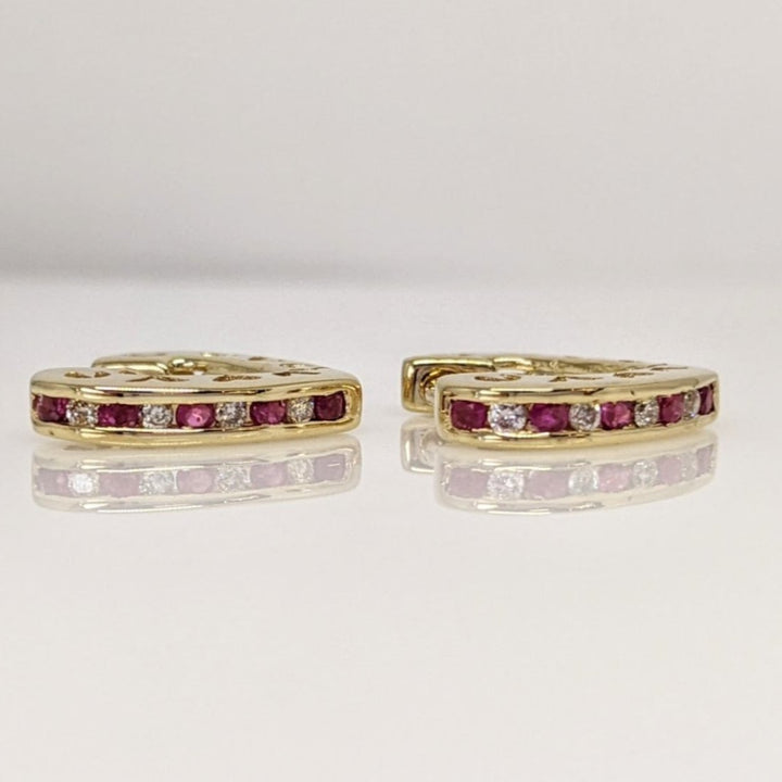 14K .12CTW RUBY/ DIAMOND CHANNEL TRIANGLE HOOP ESTATE EARRING 3.5 GRAMS