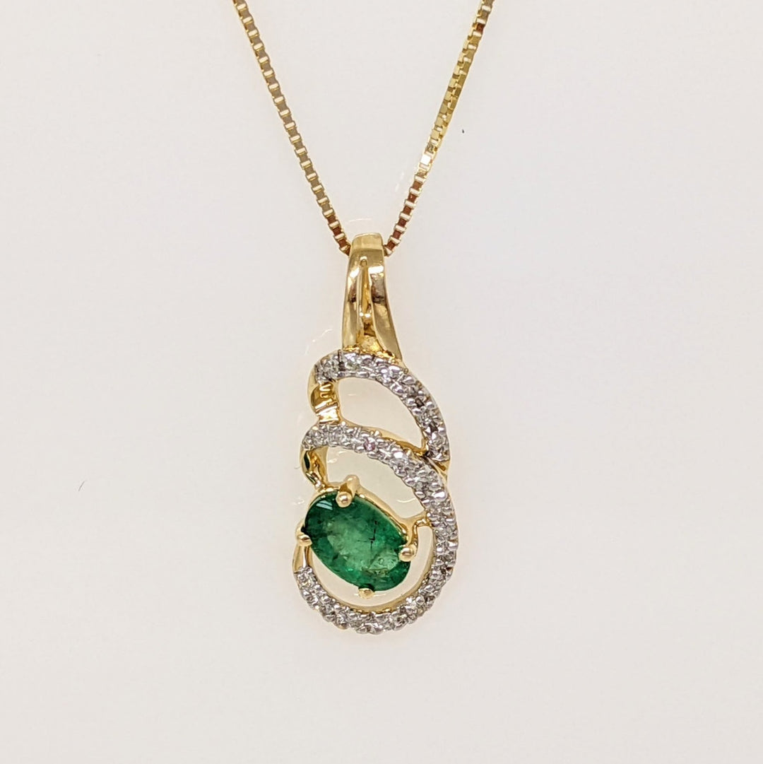 14K EMERALD OVAL 4X6 (3) WITH MELEE SWIRL ESTATE PENDANT, CHAIN, AND EARRINGS SET 5.1 GRAMS