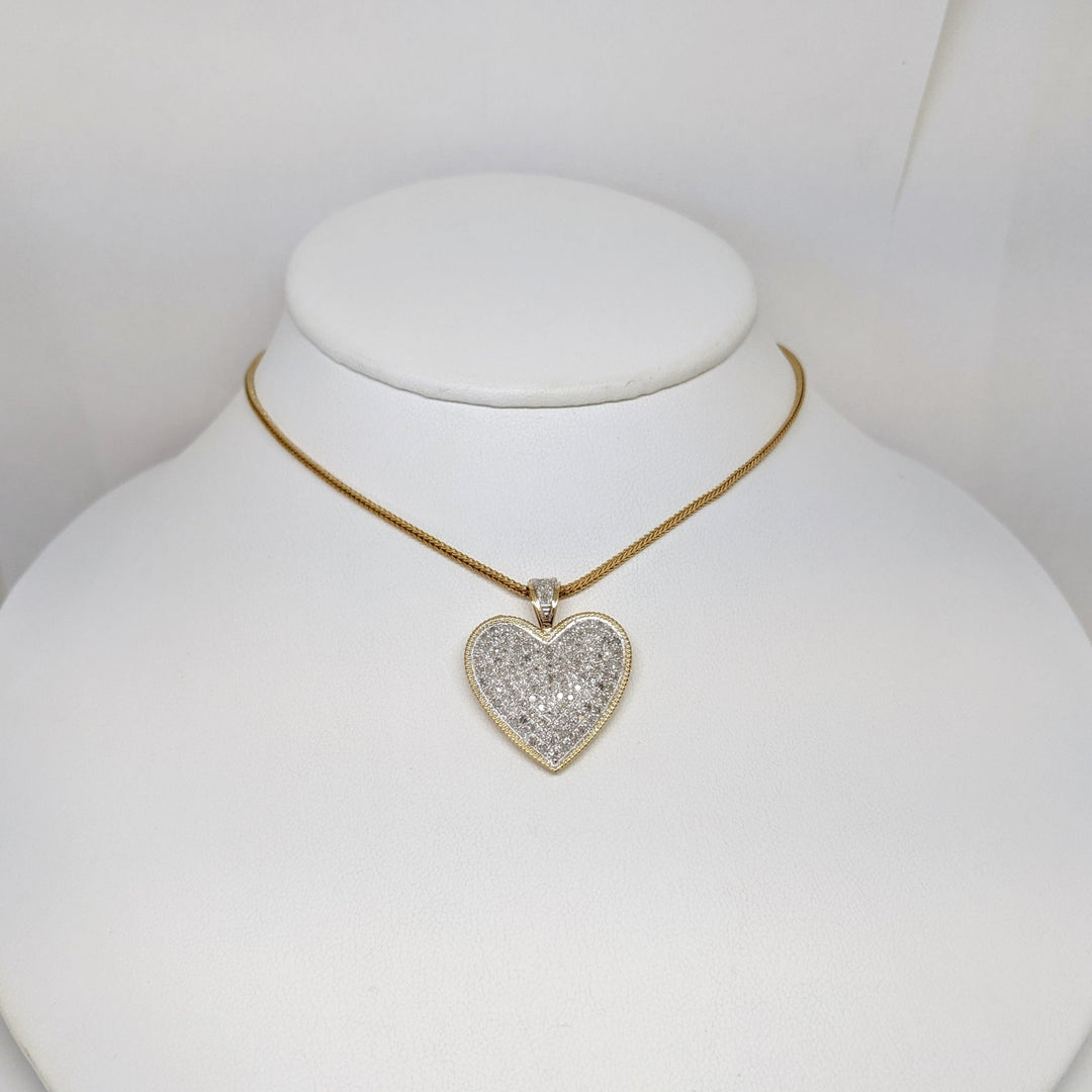 14k 1.31 CARAT TOTAL WEIGHT I2 I DIAMOND ROUND (131) ENCRUSTED HEART PENDANT & CHAIN 9.8 GRAMS