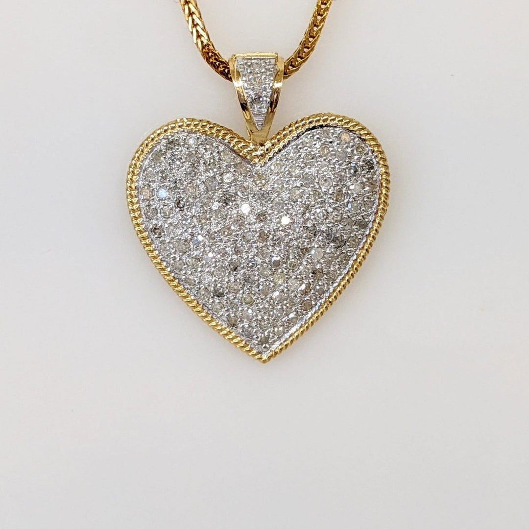 14k 1.31 CARAT TOTAL WEIGHT I2 I DIAMOND ROUND (131) ENCRUSTED HEART PENDANT & CHAIN 9.8 GRAMS