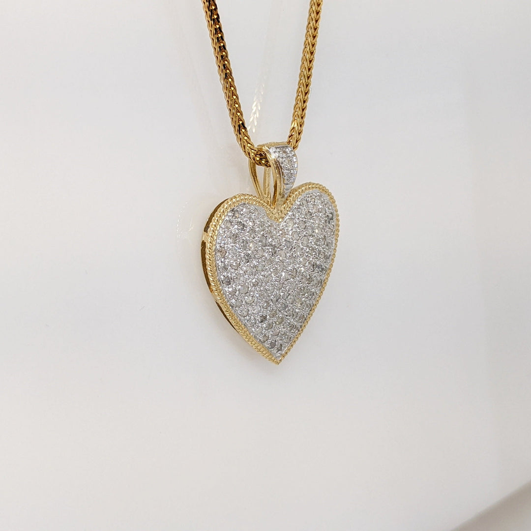 14k 1.31 CARAT TOTAL WEIGHT I2 I DIAMOND ROUND (131) ENCRUSTED HEART PENDANT & CHAIN 9.8 GRAMS