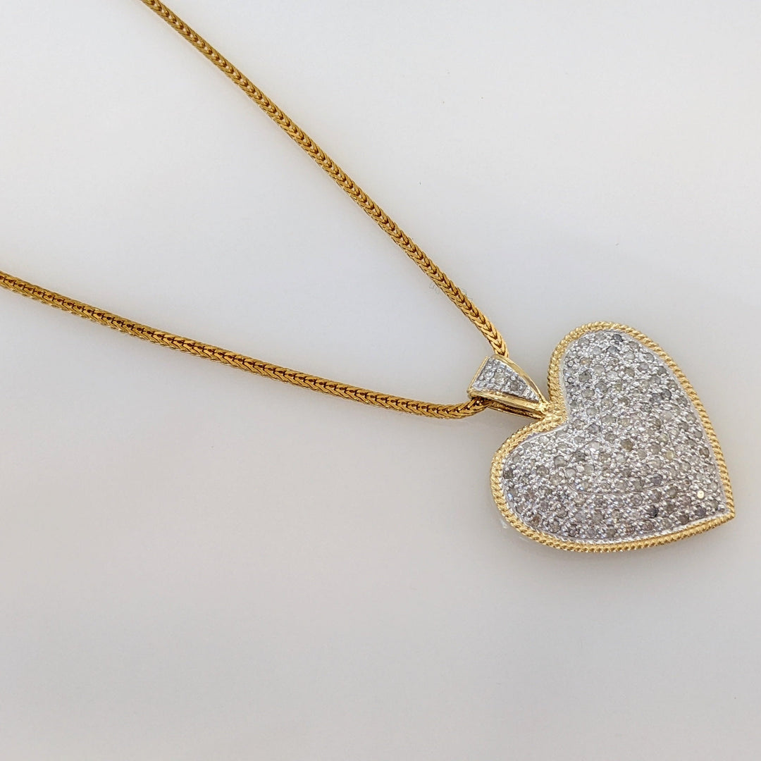 14k 1.31 CARAT TOTAL WEIGHT I2 I DIAMOND ROUND (131) ENCRUSTED HEART PENDANT & CHAIN 9.8 GRAMS