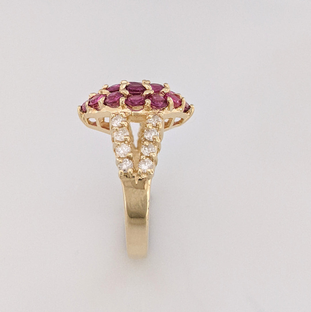 10K RUBY ROUND (16) DIAMOND ROUND (16) SPLIT SHANK ESTATE CLUSTER RING 5.1 GRAMS