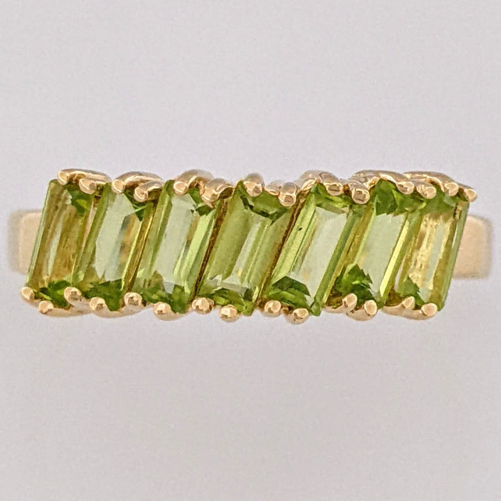 14K PERIDOT EMERALD CUT (7) 2X5 ESTATE BAND 3.4 GRAMS