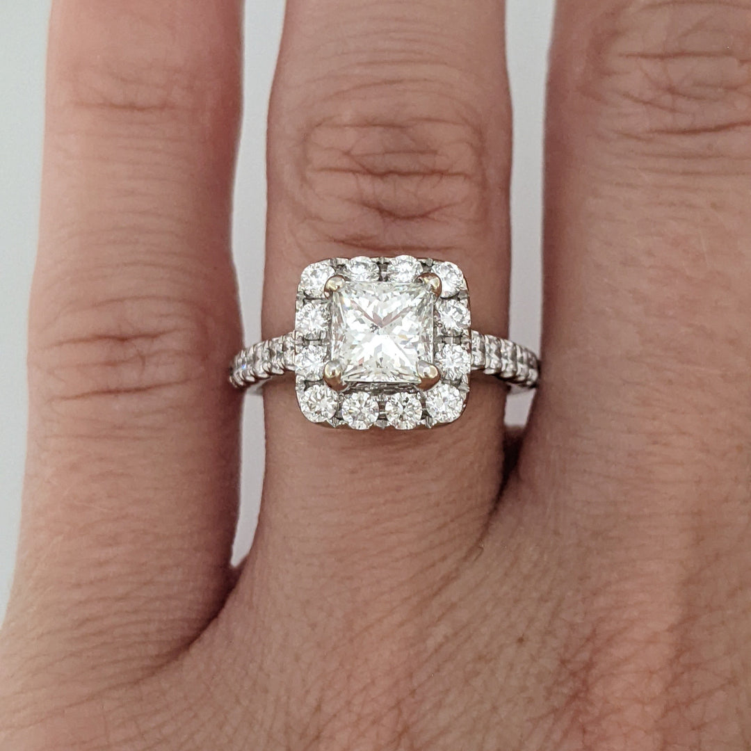 14KW 2.23 CARAT TOTAL WEIGHT SI2 I DIAMOND PRINCESS CUT WITH (52) ROUND HALO ESTATE RING 5.1 GRAMS