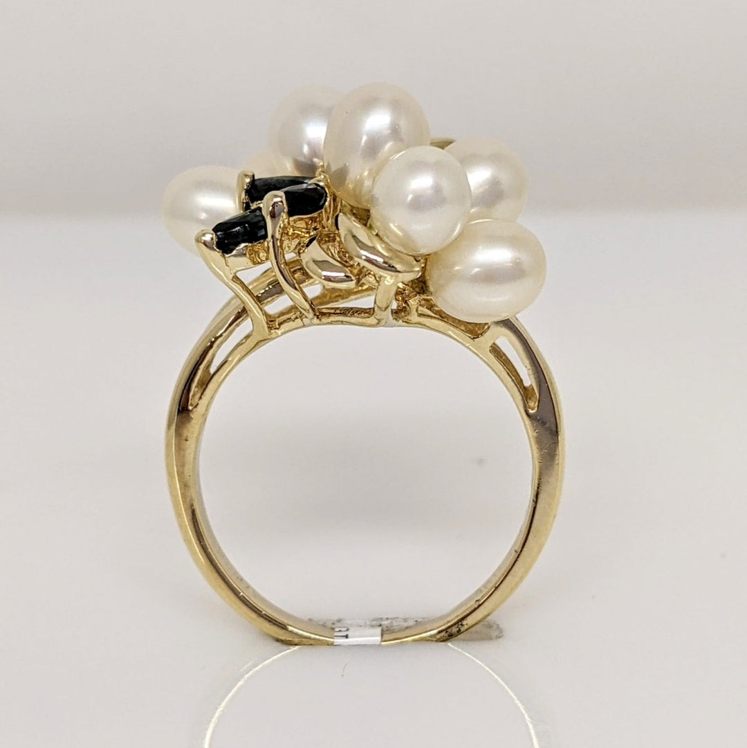 14K PEARL ROUND (8) WITH (3) MARQUISE SAPPHIRE AND MELEE ESTATE RING 4.8 GRAMS