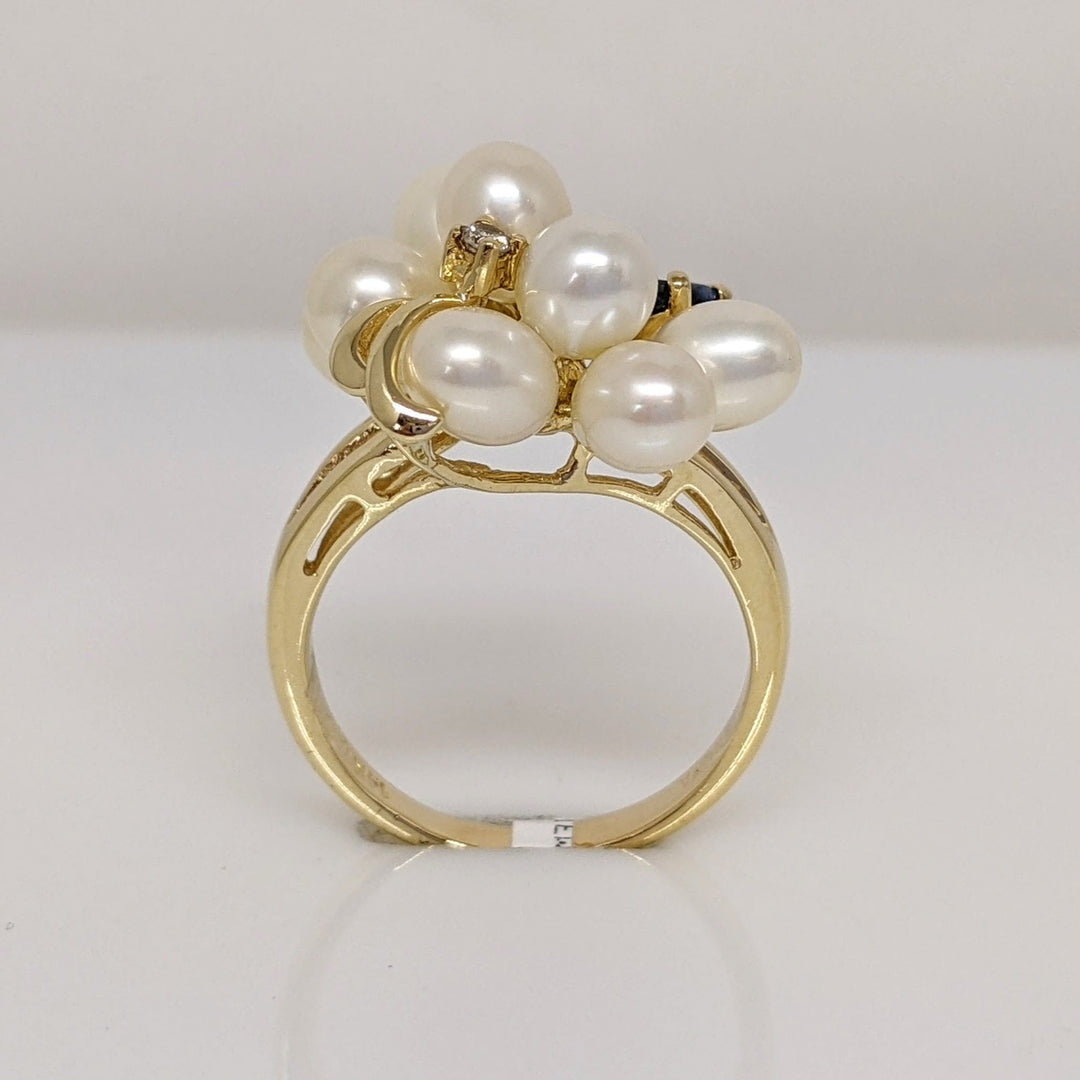 14K PEARL ROUND (8) WITH (3) MARQUISE SAPPHIRE AND MELEE ESTATE RING 4.8 GRAMS