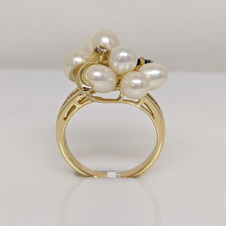 14K PEARL ROUND (8) WITH (3) MARQUISE SAPPHIRE AND MELEE ESTATE RING 4.8 GRAMS