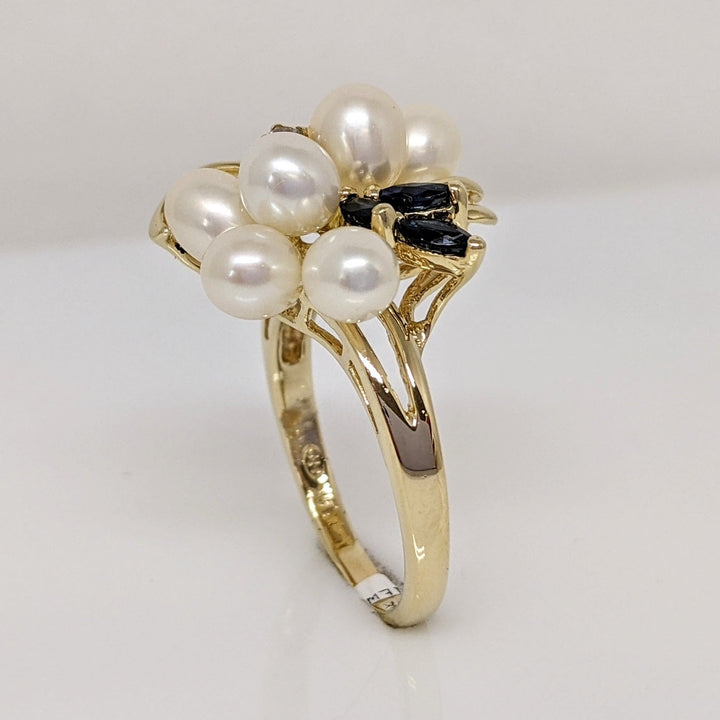 14K PEARL ROUND (8) WITH (3) MARQUISE SAPPHIRE AND MELEE ESTATE RING 4.8 GRAMS