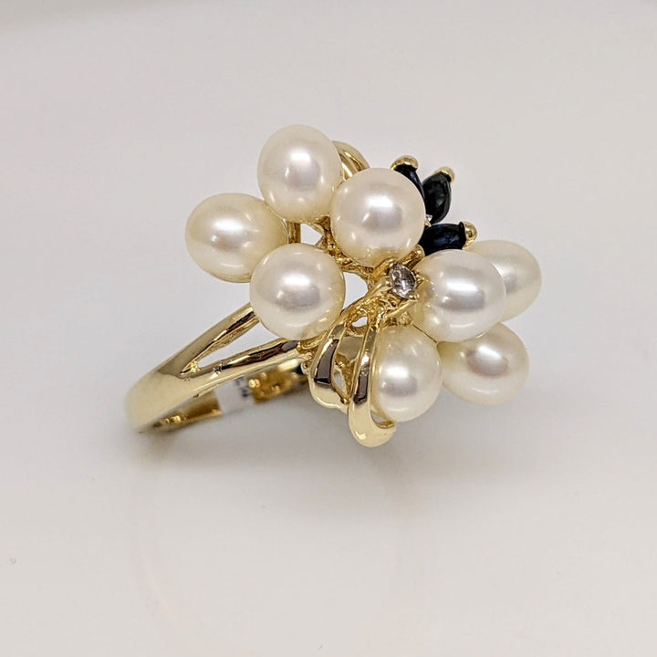 14K PEARL ROUND (8) WITH (3) MARQUISE SAPPHIRE AND MELEE ESTATE RING 4.8 GRAMS