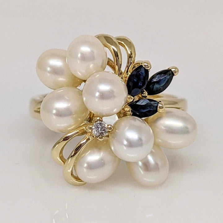 14K PEARL ROUND (8) WITH (3) MARQUISE SAPPHIRE AND MELEE ESTATE RING 4.8 GRAMS