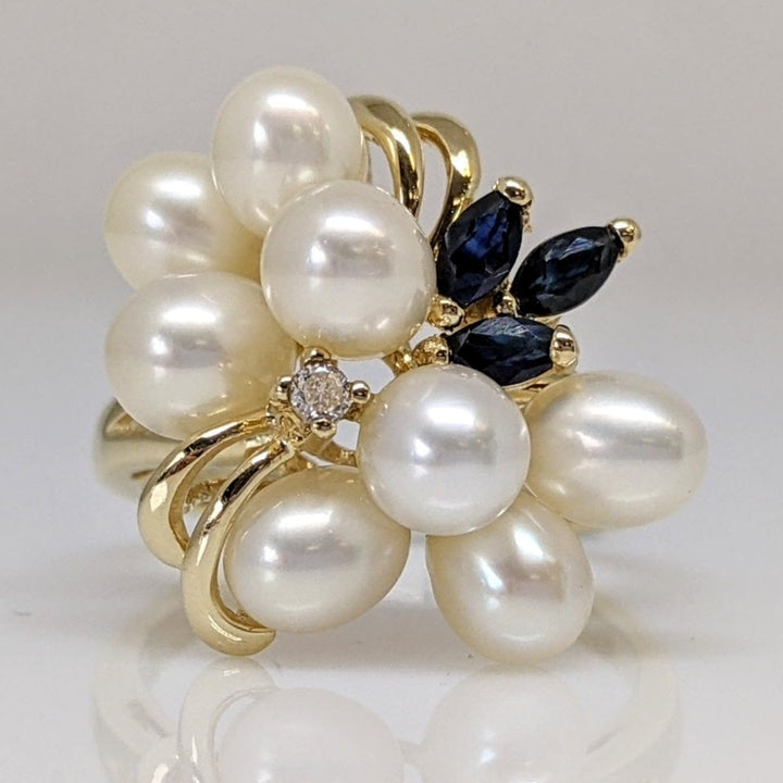 14K PEARL ROUND (8) WITH (3) MARQUISE SAPPHIRE AND MELEE ESTATE RING 4.8 GRAMS