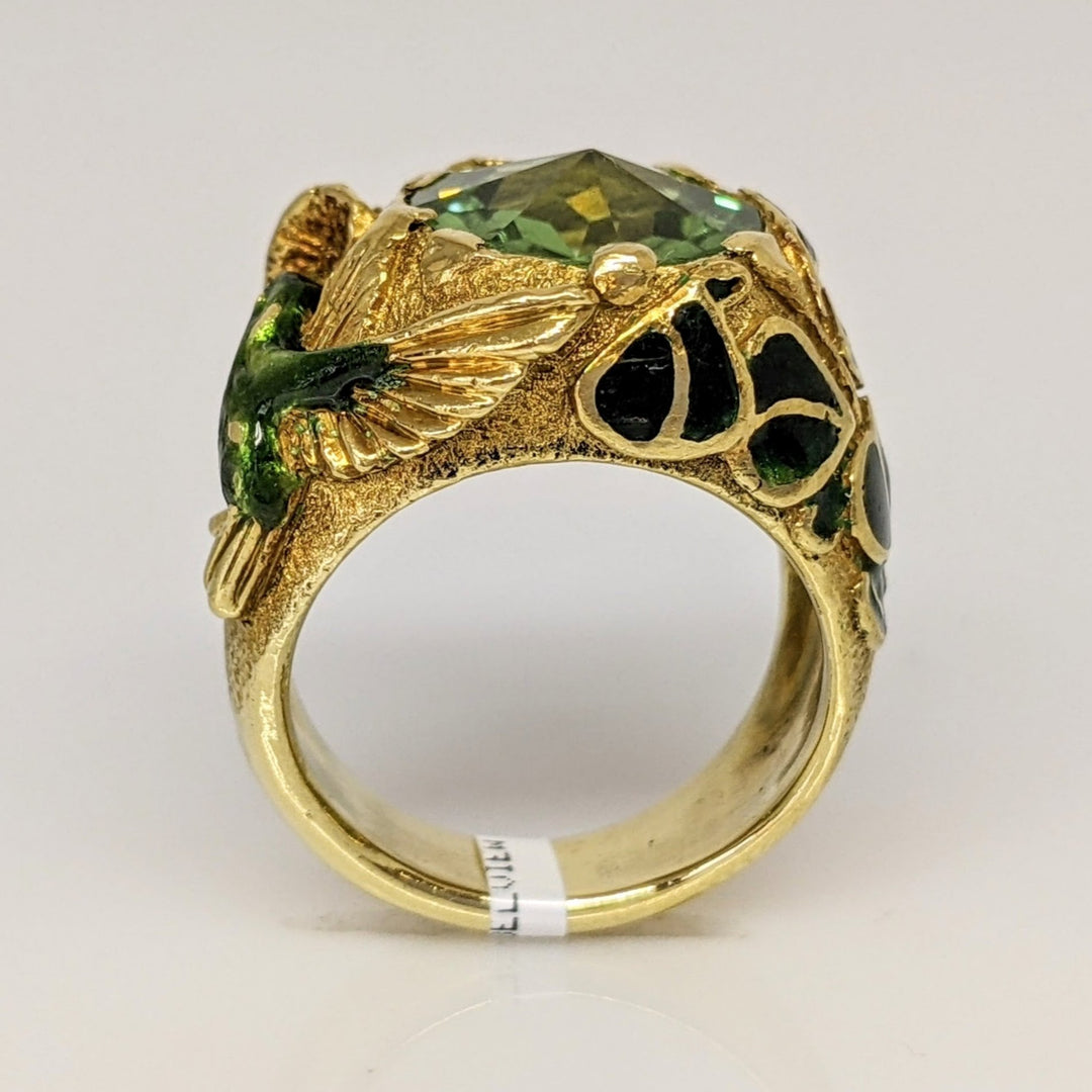 18K GREEN TOURMALINE 10MM WITH ENAMEL LEAF/ BIRD ESTATE RING 15.5 GRAMS