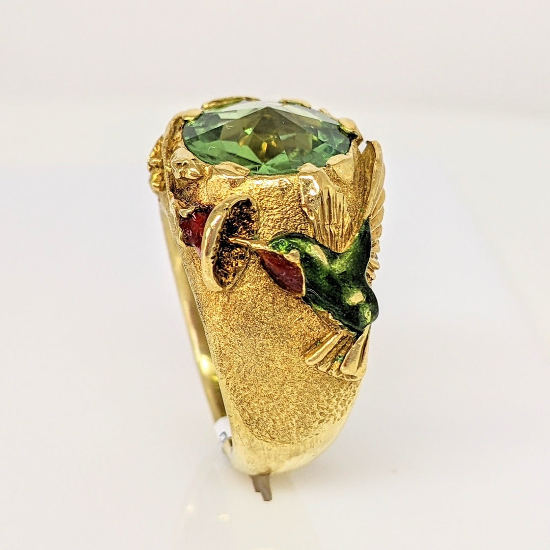 18K GREEN TOURMALINE 10MM WITH ENAMEL LEAF/ BIRD ESTATE RING 15.5 GRAMS