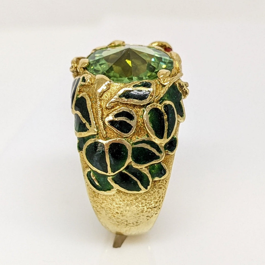 18K GREEN TOURMALINE 10MM WITH ENAMEL LEAF/ BIRD ESTATE RING 15.5 GRAMS