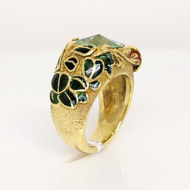 18K GREEN TOURMALINE 10MM WITH ENAMEL LEAF/ BIRD ESTATE RING 15.5 GRAMS