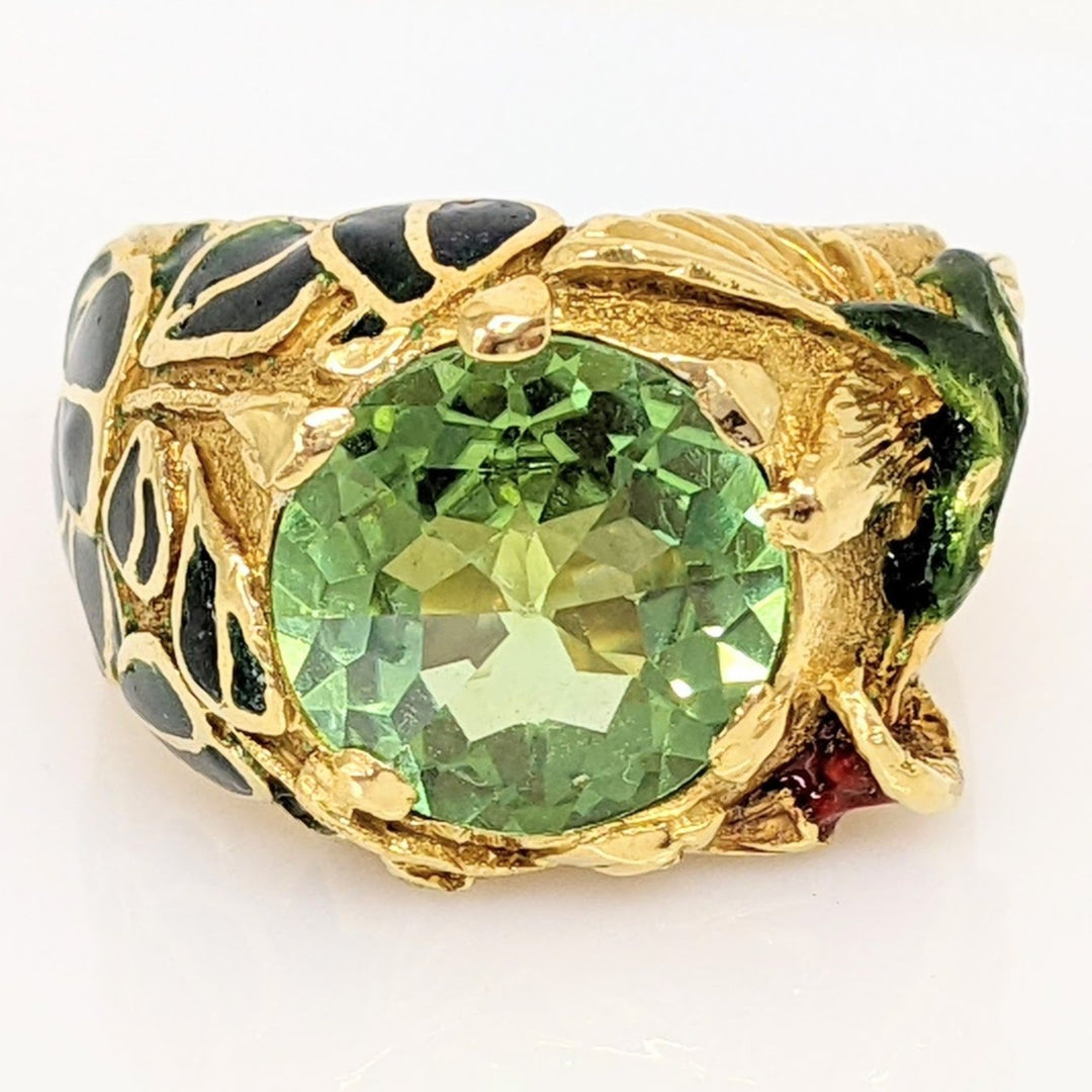 18K GREEN TOURMALINE 10MM WITH ENAMEL LEAF/ BIRD ESTATE RING 15.5 GRAMS