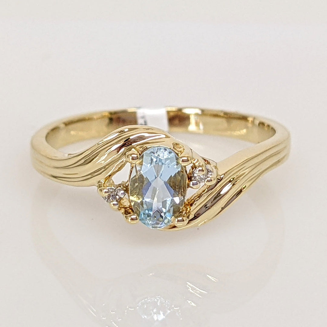 14K AQUAMARINE OVAL 4X6 WITH TWO DIAMONDS ESTATE BYPASS RING 2.2 GRAMS