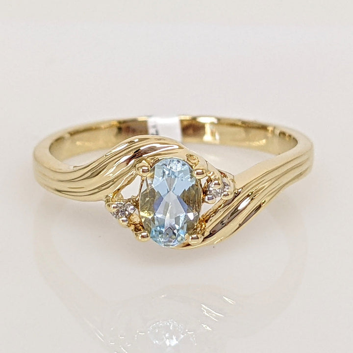 14K AQUAMARINE OVAL 4X6 WITH TWO DIAMONDS ESTATE BYPASS RING 2.2 GRAMS