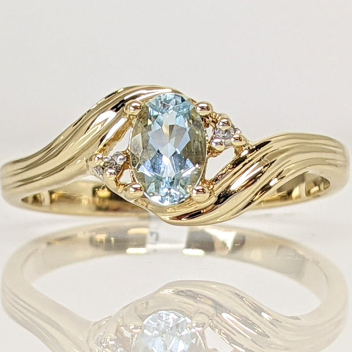 14K AQUAMARINE OVAL 4X6 WITH TWO DIAMONDS ESTATE BYPASS RING 2.2 GRAMS