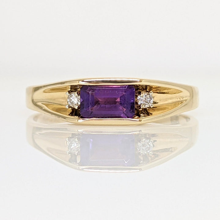 14K AMETHYST EMERALD CUT 4X6MM WITH (2) DIAMONDS ESTATE RING 3.4 GRAMS