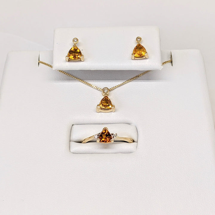 14K CITRINE TRILLION 5MM WITH (5) DIAMOND ESTATE RING/ EARRING/ PENDANT SET 4.9 GRAMS