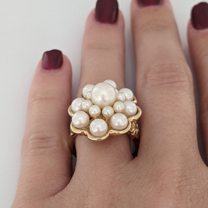 14K PEARL ROUND (17) CLUSTER ESTATE RING 9.5 GRAMS