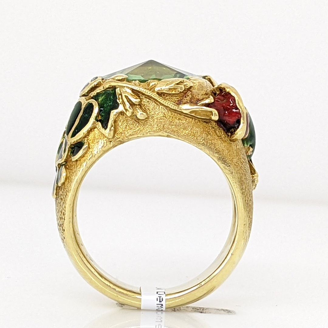 18K GREEN TOURMALINE 10MM WITH ENAMEL LEAF/ BIRD ESTATE RING 15.5 GRAMS