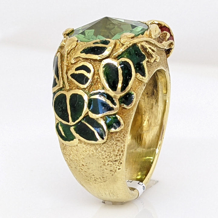 18K GREEN TOURMALINE 10MM WITH ENAMEL LEAF/ BIRD ESTATE RING 15.5 GRAMS