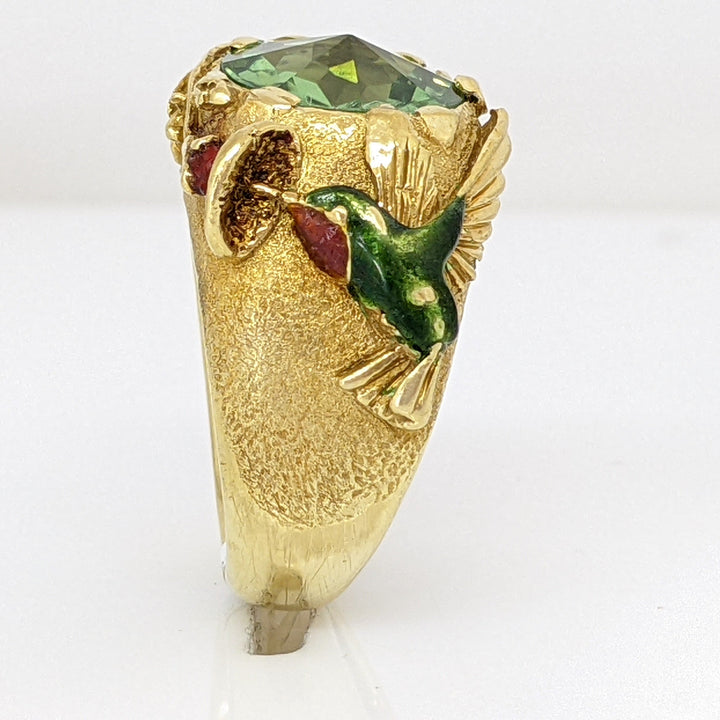 18K GREEN TOURMALINE 10MM WITH ENAMEL LEAF/ BIRD ESTATE RING 15.5 GRAMS